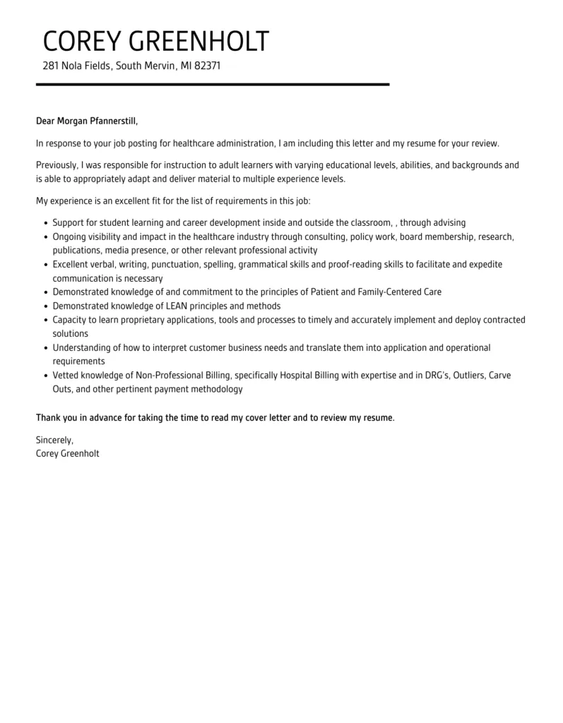 41762 healthcare leadership cover letter