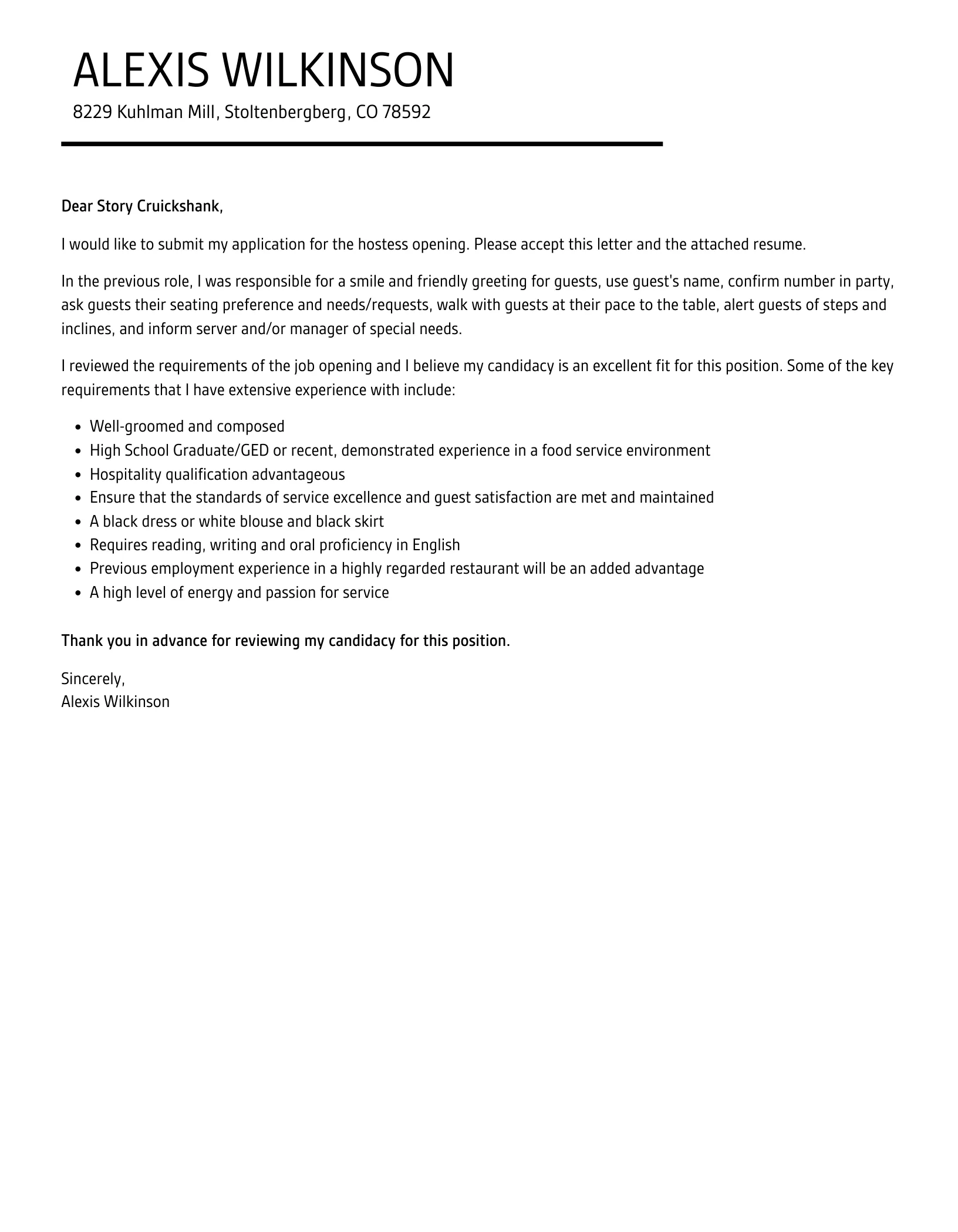 41828 hostess cover letter example