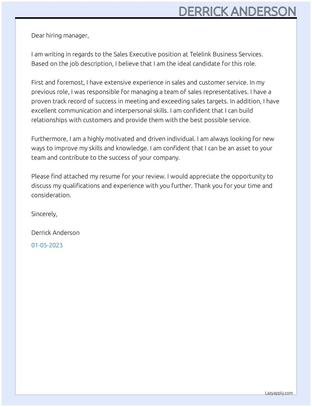 41848 sales executive cover letter tailoring