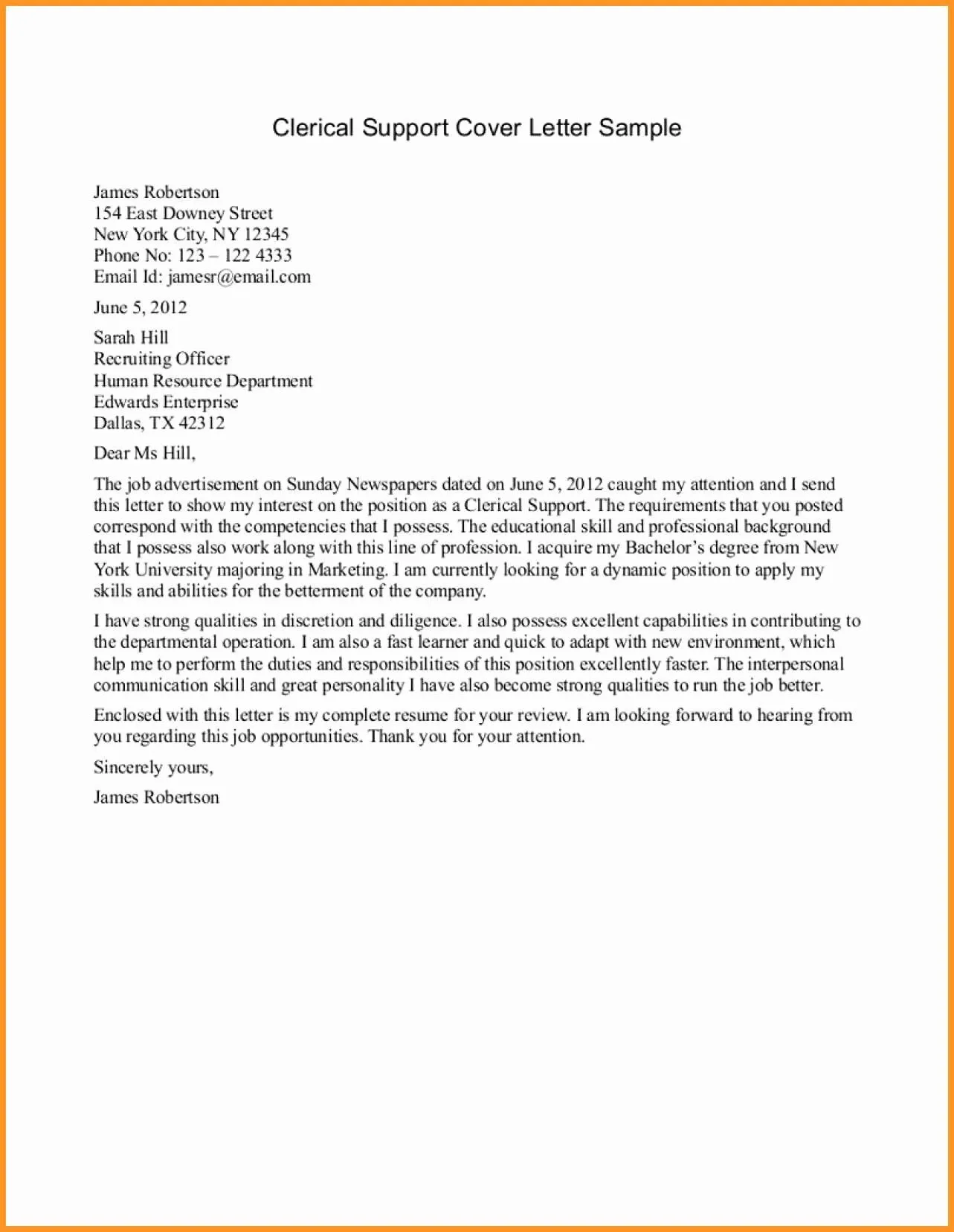 41875 clerical cover letter header