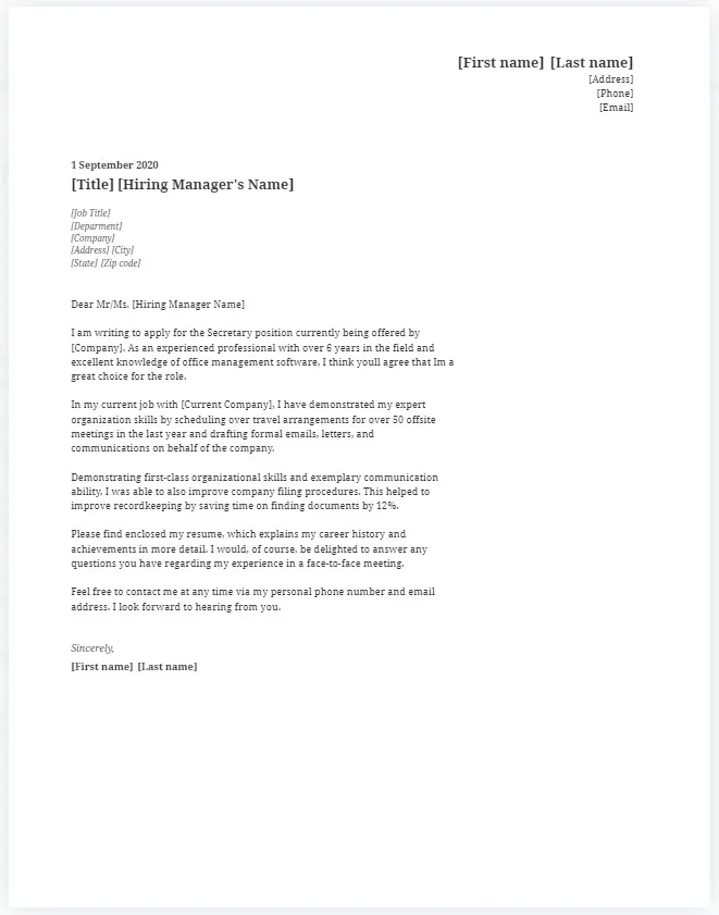 41883 secretary cover letter skills