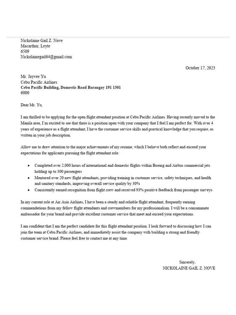 41933 flight attendant cover letter