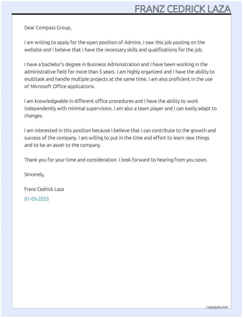 41949 admin job cover letter header