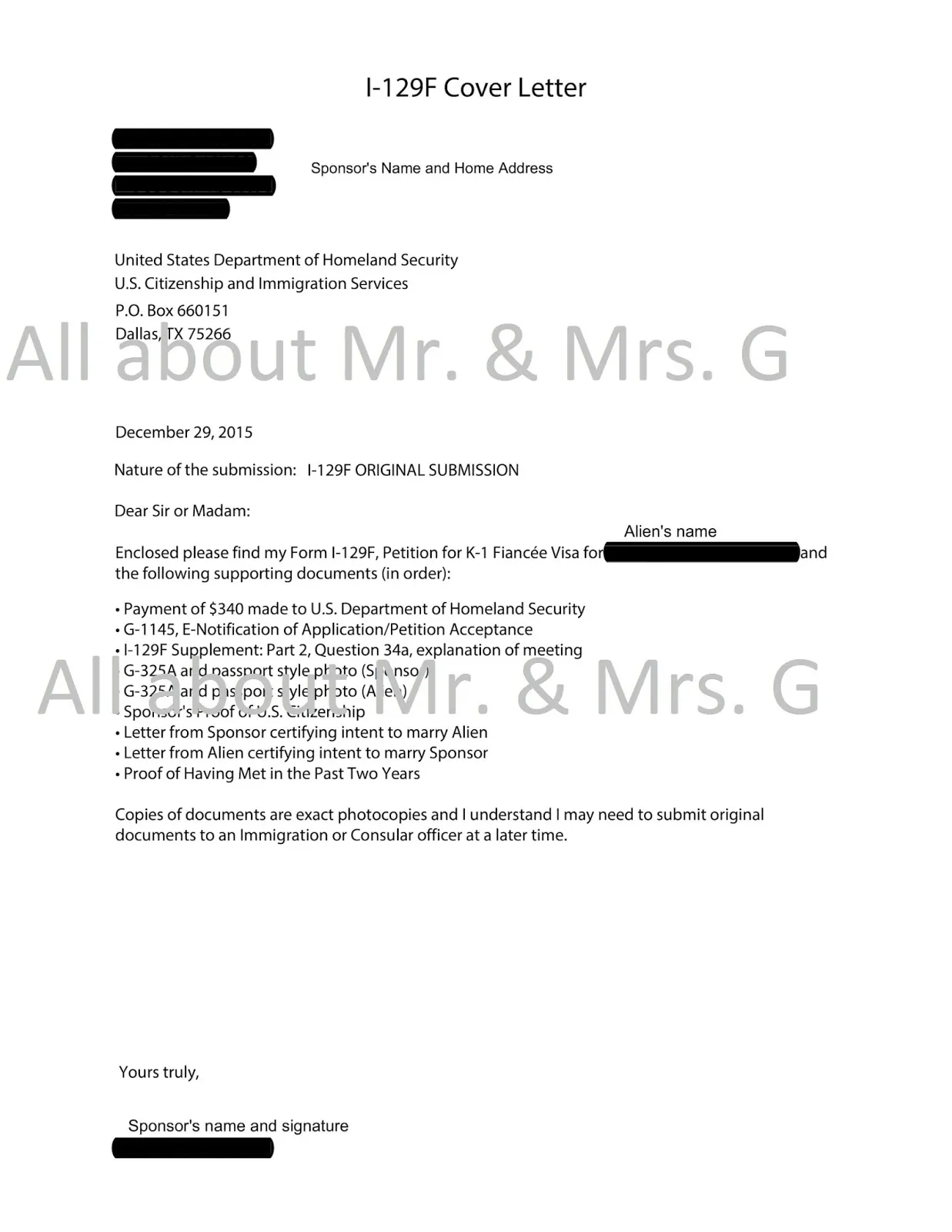 41958 k1 visa cover letter components