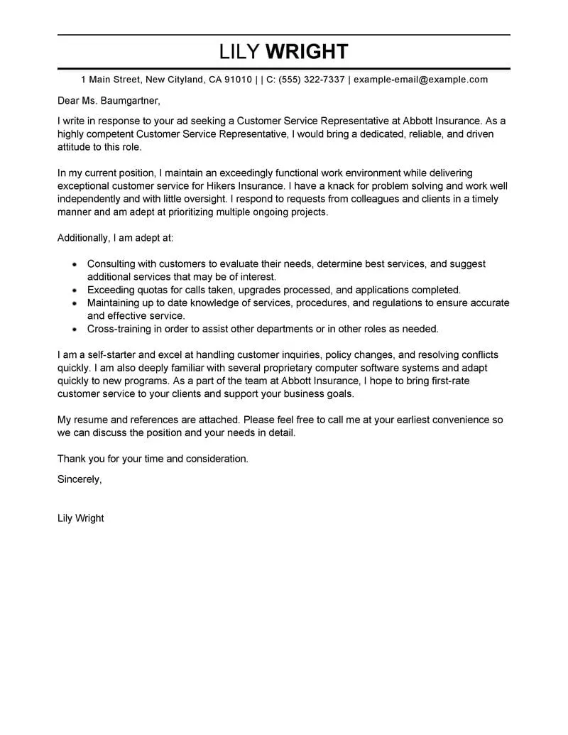 41962 customer service cover letter