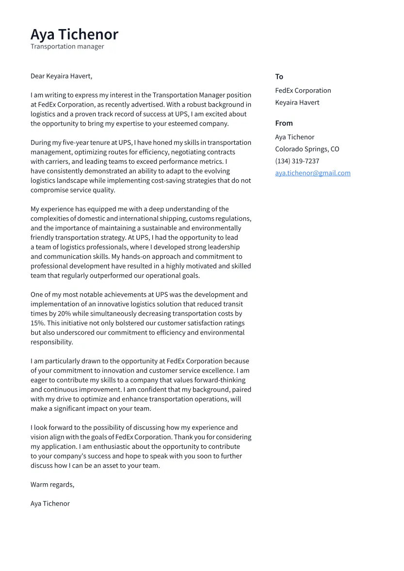 41969 transportation manager cover letter header