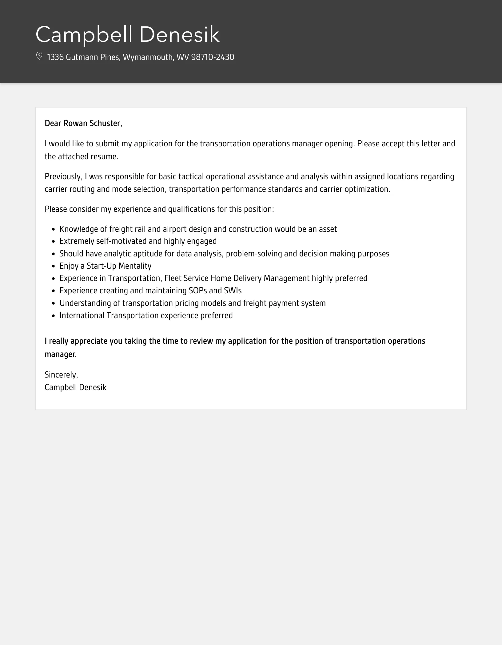 41969 transportation manager skills